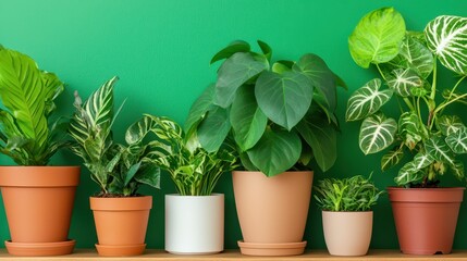 Fototapeta premium Lush Indoor Plant Collection with Colorful Pots on Green Background