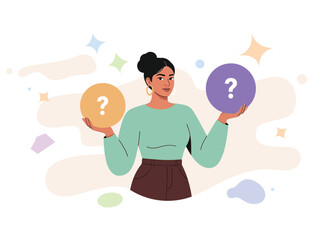 Make choice, decision concept. Puzzled business woman doubting, deciding, setting priorities. Questioned employee thinking, analyzing two options, flat vector modern illustration