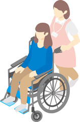 Obraz premium アイソメトリック 人物 女性 車椅子 介護 福祉 医療 メディカル イラスト素材