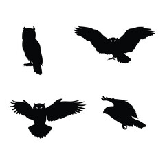 Owl Silhouette Quartet – Perched & Flying Poses in Minimalist Vector Style