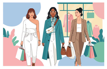 Three fashionable women shopping together, holding bags and coffee, surrounded by colorful playful decorative graphic elements.