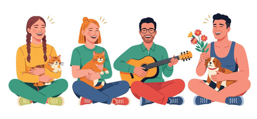 Group of happy friends sitting together, smiling and cuddling adorable cats and dogs in joyful harmony.