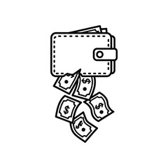 Obraz premium Wallet and Finances: A monochrome depiction of a wallet from which money is falling out. Illustrates the concepts of spending, overspending, and financial management.