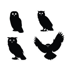 Owl Silhouette Quartet – Perched & Flying Poses in Minimalist Vector Style