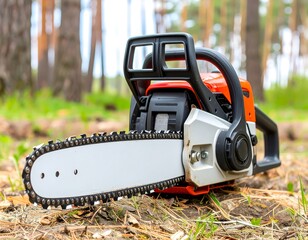 Fototapeta premium Chainsaw resting in forest debris