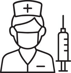 Minimalist nurse with face mask and syringe line icon vector icon on white background