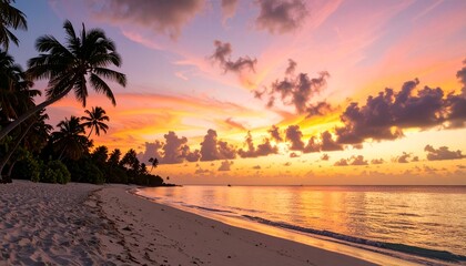 Breathtaking tropical beach sunset, vibrant orange, pink sky reflecting on tranquil ocean, sandy shore, silhouetted palm trees.