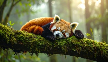Adorable red panda peacefully sleeping on a mossy tree branch in a serene, sun-dappled green forest habitat. Wildlife tranquility.