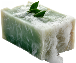 Green marbled soap bar with fresh leaves and abundant foam isolated on transparent background