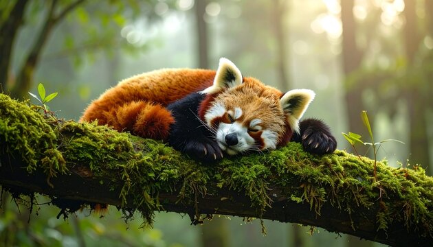 Adorable red panda peacefully sleeping on a mossy tree branch in a serene, sun-dappled green forest habitat. Wildlife tranquility.
