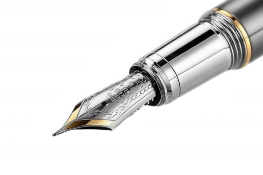 Close up of a luxurious silver and gold fountain pen nib isolated on transparent background