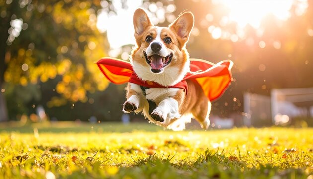 Energetic Corgi dog in a red superhero cape, mid-air leap in a sunlit park. Happy puppy playing outdoors at golden hour.