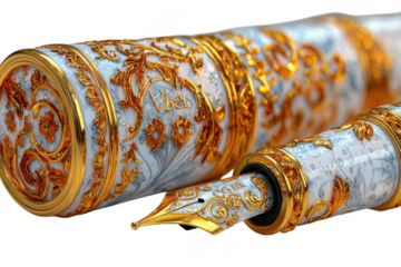 Luxurious ornate gold and white fountain pen with intricate detailing isolated on transparent background
