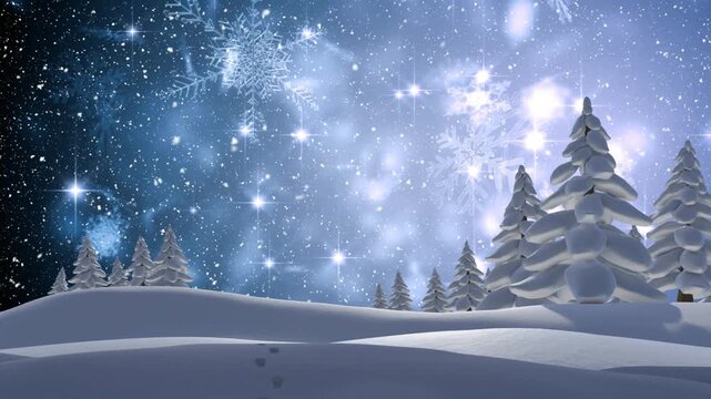 Animation of winter scenery over snow falling