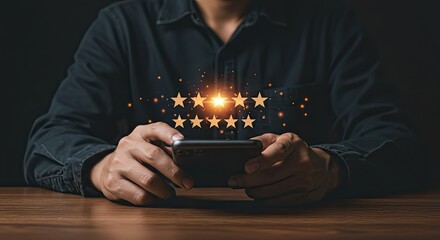 Customer experiencing digital feedback with glowing five-star rating on smartphone, symbolizing excellent service and satisfaction