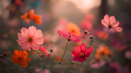 A vibrant display of cosmos flowers in soft pastel shades, showcasing delicate petals and a gentle bokeh background.