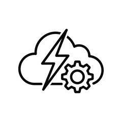 Cloud Computing Icon: A bold, vector illustration depicts the essence of modern cloud computing - a stylized cloud interwoven with a striking lightning bolt and a cogwheel.