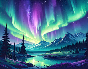 Glowing Northern Lights Painting the Night Sky in Surreal Green and Purple Tones – Dreamy Magical Landscape