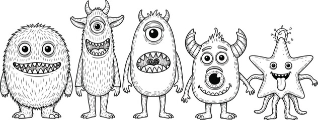 Funny and cute Alien monster with three eyes for kids. Imaginary creature for children coloring book, black and white outline fantasy cartoon for coloring pages.
