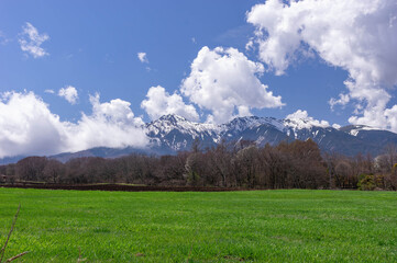 野辺山高原の牧草地越しに眺める残雪の八ヶ岳連峰