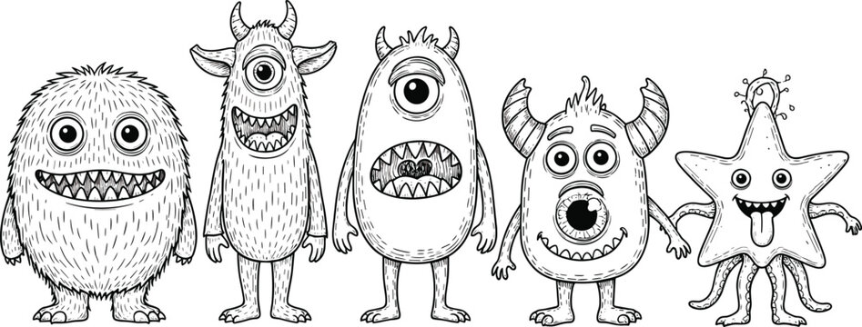 Naklejki Funny and cute Alien monster with three eyes for kids. Imaginary creature for children coloring book, black and white outline fantasy cartoon for coloring pages.