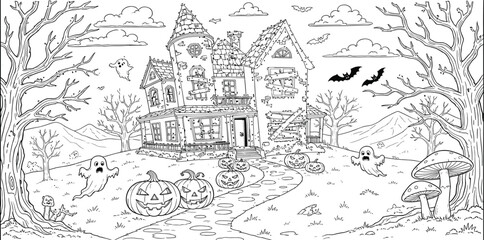 Obraz premium Halloween background with Witch house outlined for coloring page