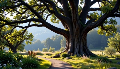 Fototapeta premium Ancient Tree Sunlit Forest with Dappled Shadows