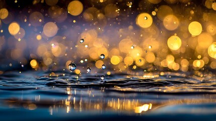 Naklejka premium Sparkling water droplets, illuminated by warm golden lights, create a captivating bokeh effect, showcasing a serene and mesmerizing scene.