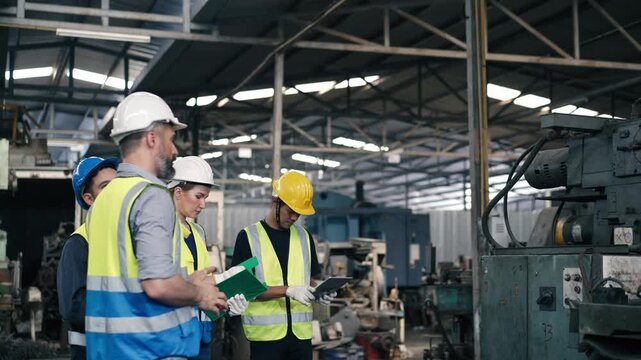Male engineer foreman walking and explaining project to group of mechanic or technician trainee at the industry factory. Training new staff workers.