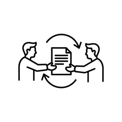 Document Exchange Partnership: Two figures collaborate and exchange document, emphasizing concepts of teamwork and partnership, highlighting communication and agreement. 