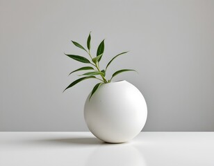 Minimalist Ceramic Sphere with Green Leaves Gray Background