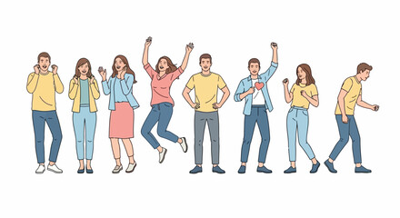 Fototapeta premium A group of diverse people expressing various emotions, including shock, joy, excitement, and disappointment, standing in a line.