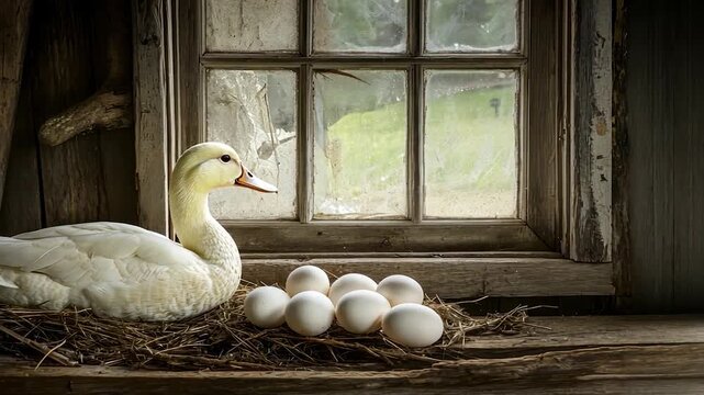 A white duck sits in a nest with eggs by a weathered window