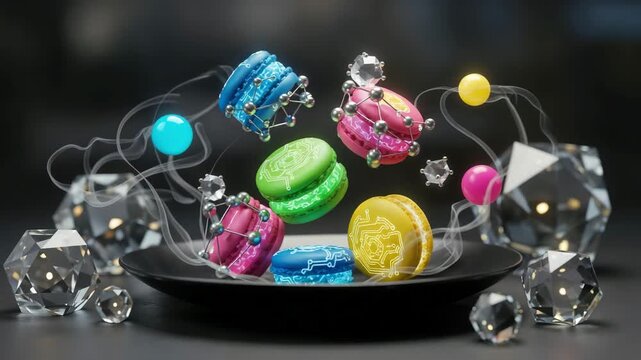 Futuristic macarons with neon circuit patterns, floating with molecular spheres and crystal elements, surrounded by mist and glowing lights, cyber gastronomy and modern food design concept.