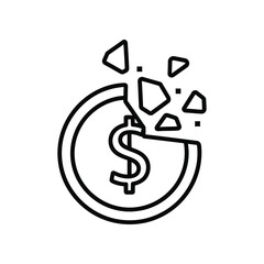 Financial Crisis Concept: Conceptual image symbolizing economic instability with a broken coin, signifying loss and economic downturn in a minimalist style. 