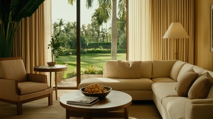 Fototapeta premium Bright and Airy Living Room with View of Lush Green Landscape
