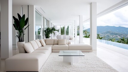 Fototapeta premium Modern minimalistic living room with panoramic mountain views