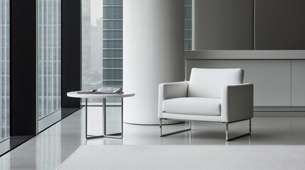 Modern White Armchair and Coffee Table in Stylish Office Interior