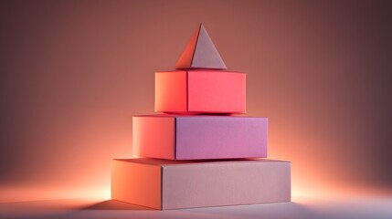 Geometric shapes, stacked in a pyramid, create a visually striking design with muted, warm tones.