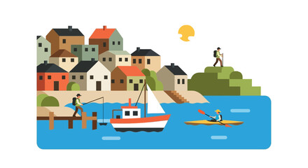 Obraz premium Coastal Village Scene Depicting Various Recreational Activities Under Sunny Skies