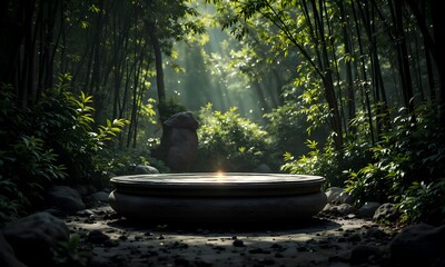 A serene stone pedestal in a tranquil bamboo forest, with a glowing spark of light and divine sunbeams. A zen product display.