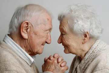 elderly couple gazes deeply into each other eyes surrounded by warmth of their love