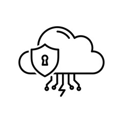 Cloud Security Icon: A minimalist, schematic illustration highlighting cloud security, with a cloud-shaped graphic interwoven with a shield and padlock.