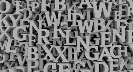 無数のアルファベットが積み重なる、情報化社会を象徴する3Dアート