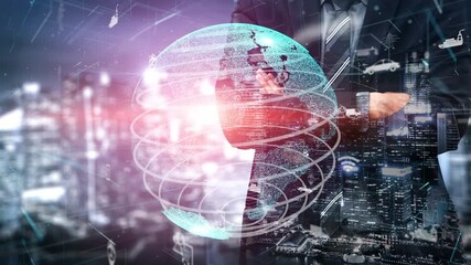 A businessman interacts with a virtual globe surrounded by digital icons, symbolizing marketing, connectivity, and modern technology in an urban setting. Xenic - Powered by Adobe