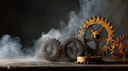 Several antique, rusted gears are arranged on a dark wooden surface, surrounded by wisps of steam, evoking a mechanical, industrial, and vintage atmosphere.