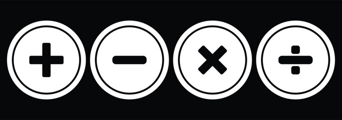 Four basic mathematical operation symbols plus minus multiply and divide. Round plus and minus icons set. eps 10