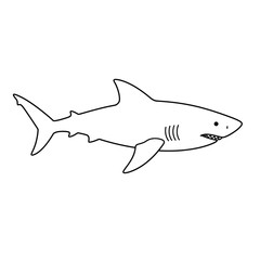 a black outline drawing of a shark on a white background