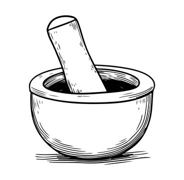 Detailed vintage sketch of a mortar and pestle, highlighting its classic design. Ideal for culinary or herbal contexts, showcasing preparation tools in black and white.
