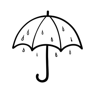 Minimalistic outline of an umbrella with raindrops, ideal for representing weather themes and concepts. Perfect for graphics, illustrations, and designs.
